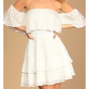 New Lulus Dreamy For The Day White Off-the-Shoulder Tiered Mini Dress size large